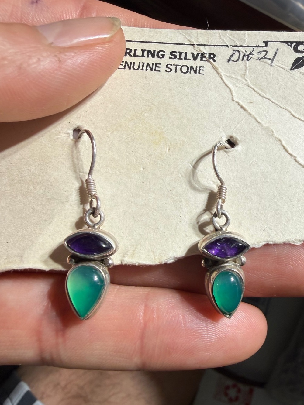Vintage 925 Sterling Silver Amethyst  Green Onyx Dangle Earrings
